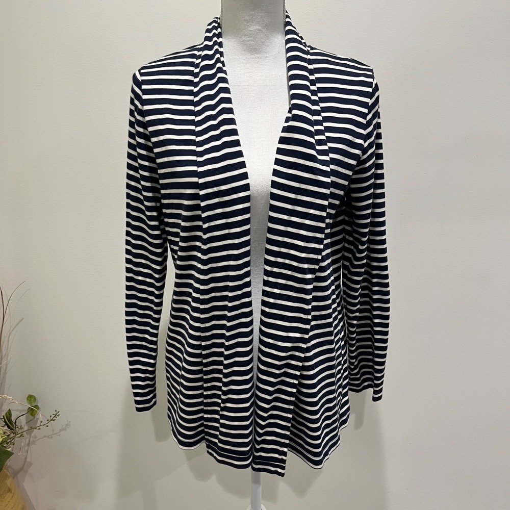 LL Bean Cardigan Womens Medium Striped Supima Cotton Navy White Nautical Classic